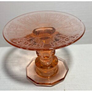 Pink Depression Candle Holder 4" Tall Etched Design Glass Vintage